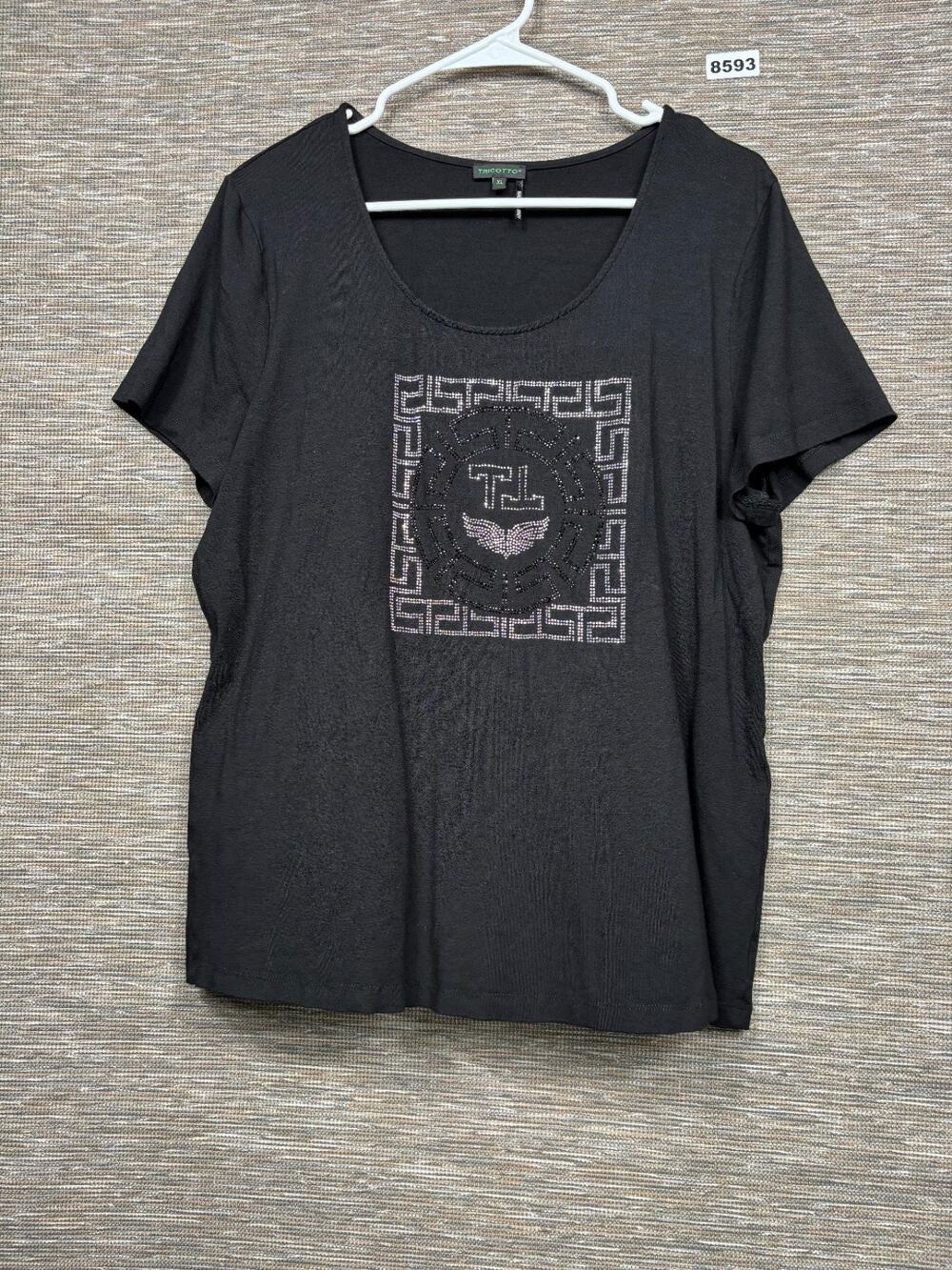 Tricotto T-Shirt Womens Size XL Black Embellished Logo Short Sleeve